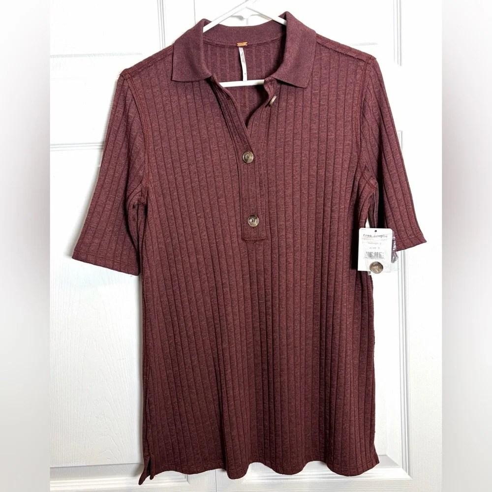 Free People Knit Top Heart Strings Short Sleeve Ribbed Shirt Mahogany Size Small - Picture 3 of 10